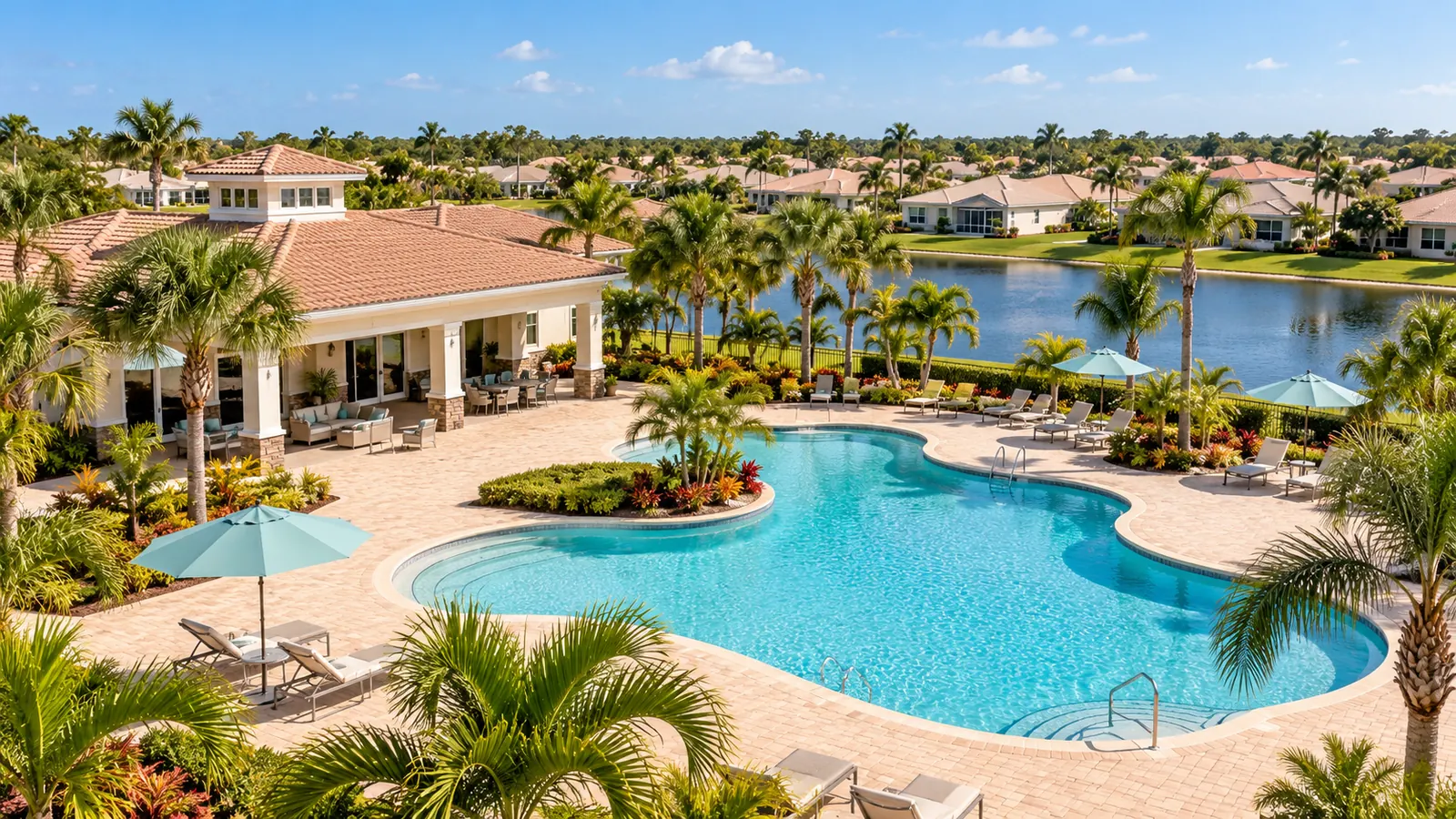 A neat neighborhood of single-story homes around a community pool and clubhouse with palm trees, empty lounge chairs