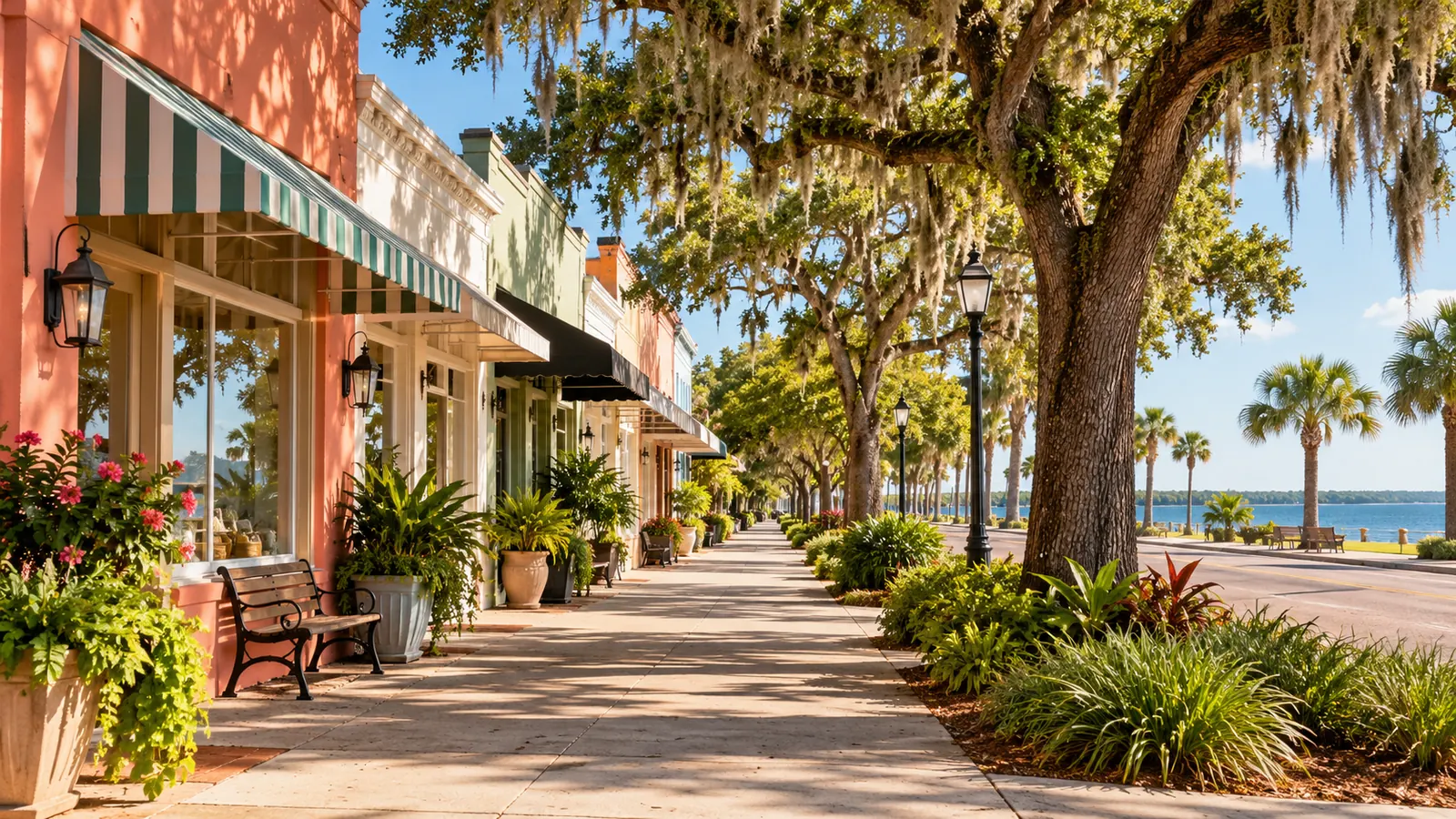 A small-town main street in Florida with low historic storefronts, live oaks with Spanish moss and an empty sidewalk, no signs readable