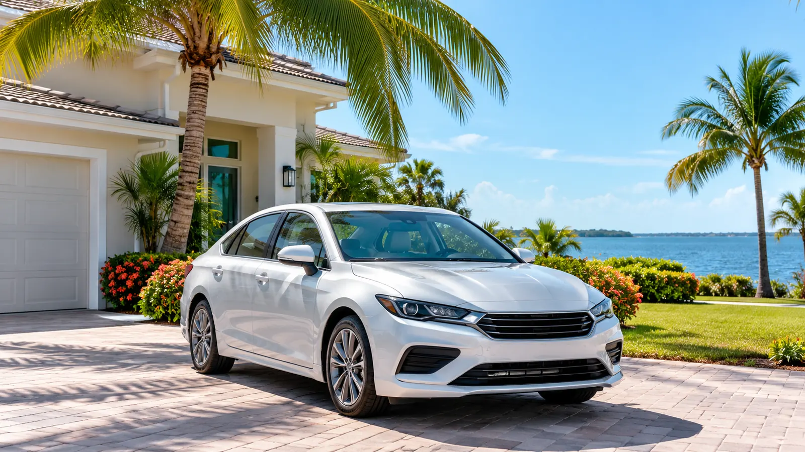 A clean sedan parked in the driveway of a Florida home under a palm, without a license plate visible