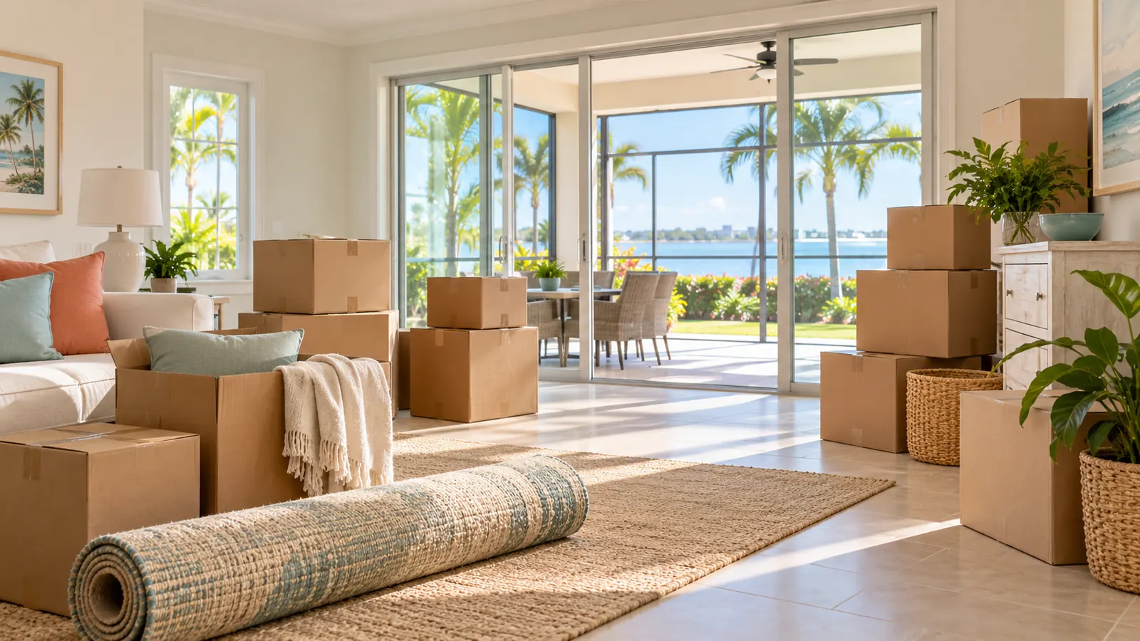 Packed moving boxes and a rolled rug in an empty bright Florida living room with sliding glass doors to a lanai